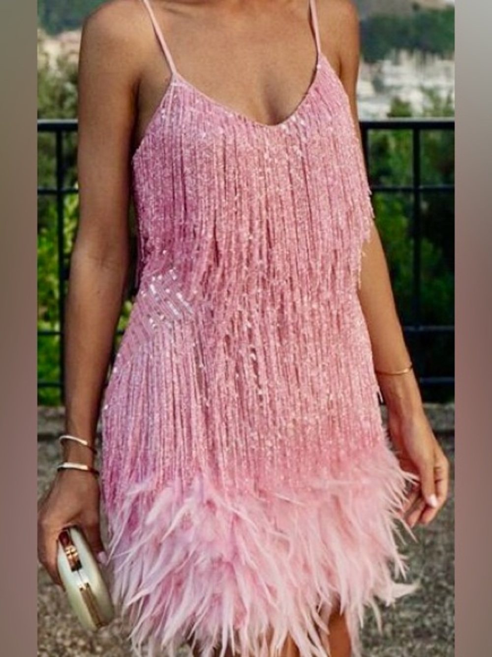 Pink Beaded Fringe & Feather Sequined Slip Dress M